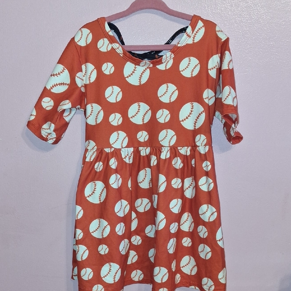 Baseball Print Kids Dress - Orange